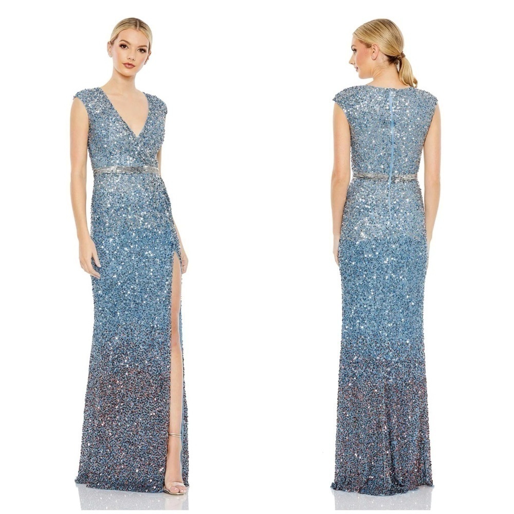 MAC DUGGAL Cap Sleeve Sequined High Slit Gown In Blue Ombre